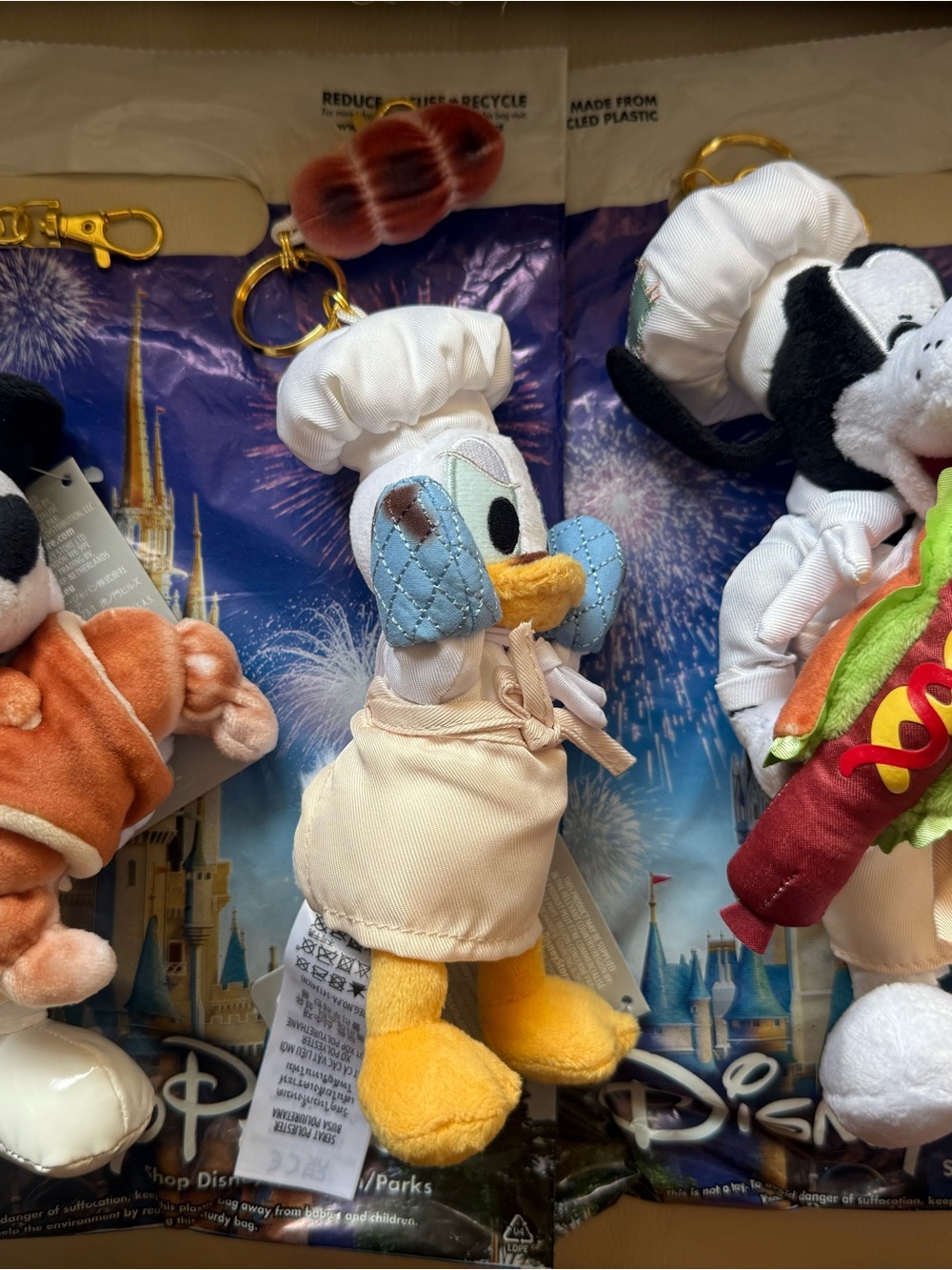 Disney Mickey, Goofy, Donald Plush Keychain with White Chef Outfits. Brand new